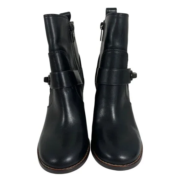 COACH Black Leather Moto Booties Turnlock Buckles Stacked Heels Womens 5B - NWOB - Picture 2 of 8